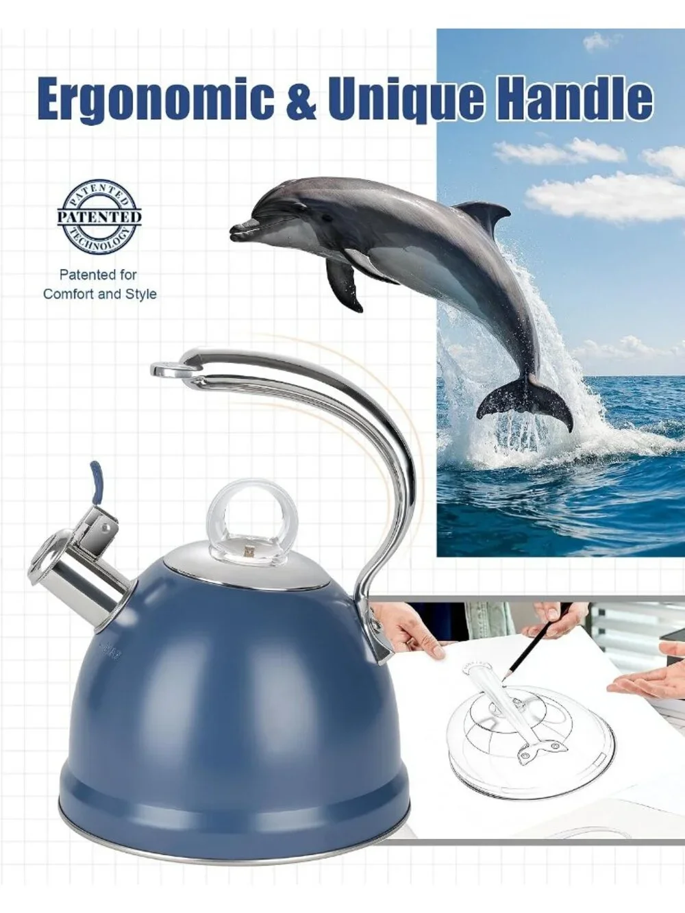 2.5 Quart Stainless Steel Whistling Tea Kettle for Gas, Electric Induction Blue